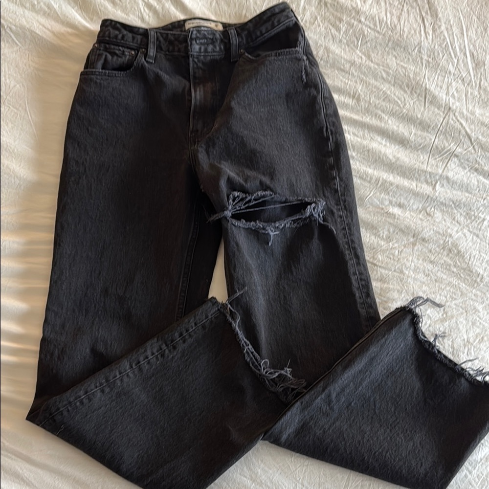 Abercrombie & Fitch Washed Black Straight Leg Jeans Distressed Design